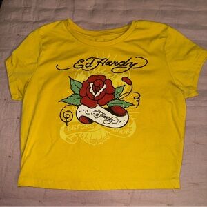 Ed Hardy Yellow Red Rose Baby Cropped Tee, Large.